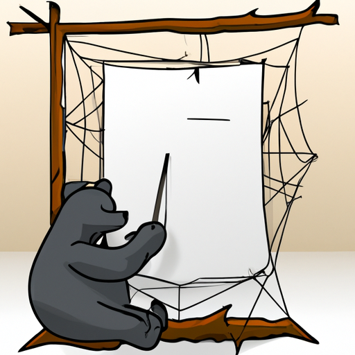 A bear, writing a note, stuck on the web